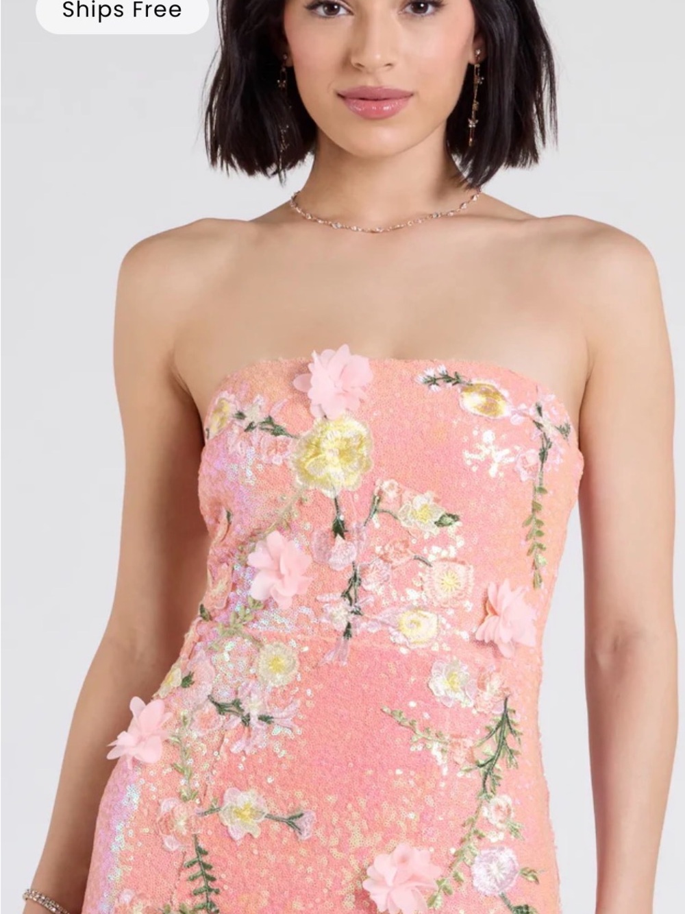 Windsor Strapless Peach-Pink Floral Appliqué Dress